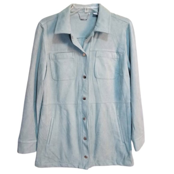 CHICO'S Mint Blue Green Faux Leather Snap Front Jacket - Women's 1 (S-8) - Picture 1 of 7